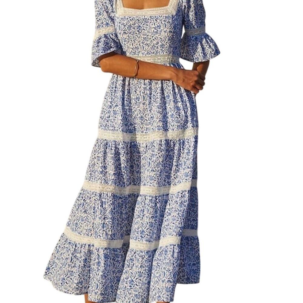 New Pink City Prints Celine Dress S Blue Floral Chintz Lace 3/4 Sleeve Boho 1582